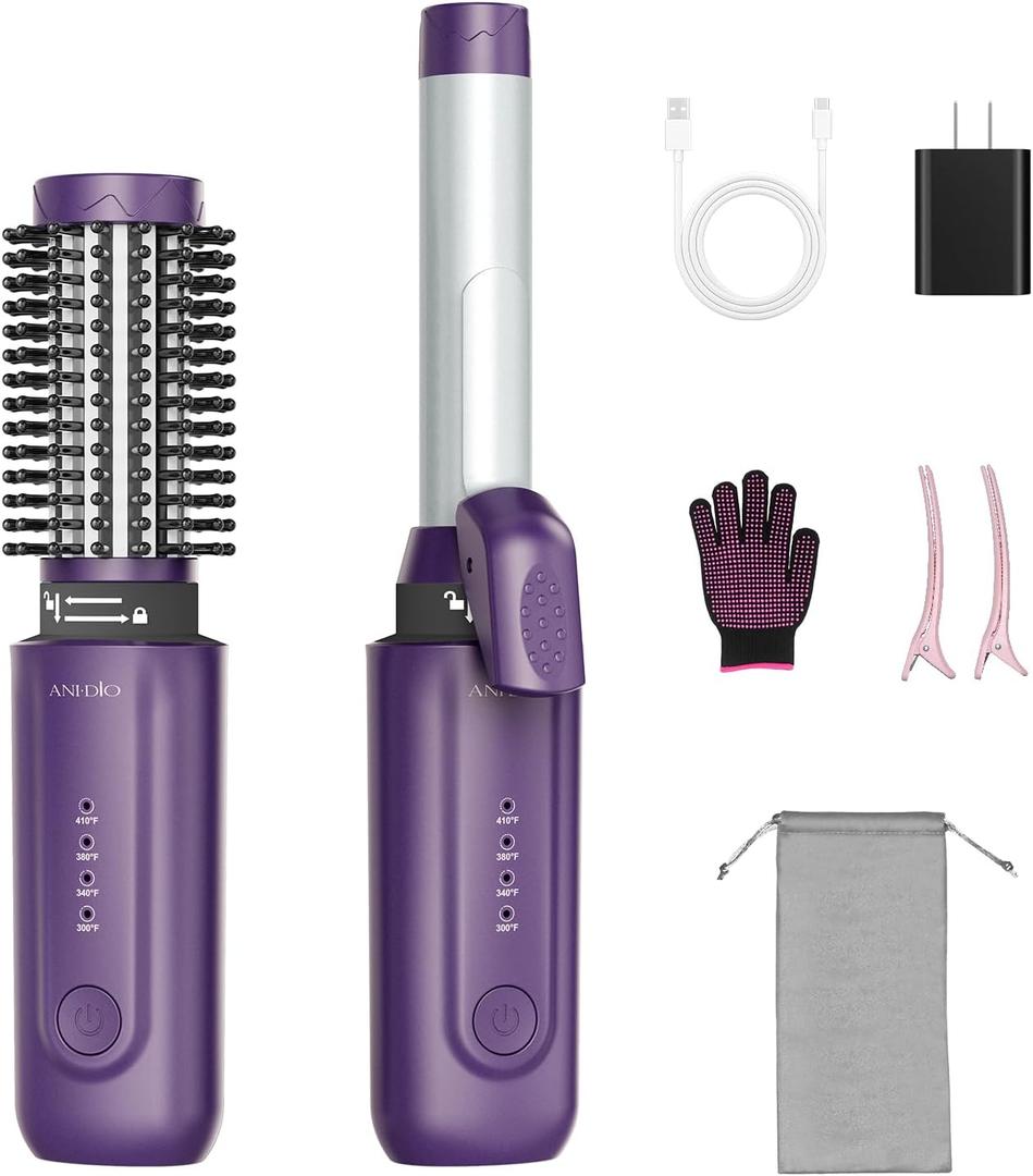 Cordless Curling Iron Brush,4 In1,8000mAh,4 Temp Setting,1/1.5 inch Portable Mini Travel Hot Comb,Rechargeable Hair Curler Cordless with 200 Million Negative Ions,Dual Voltage (Purple)