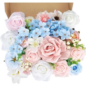 Artificial Flowers Combo Box, 39PCS Fake Flowers, Silk Flower Mix with Wire Stem, DIY Wedding Bridal Bouquet for Arrangement, Shower Party Home Dcor, Soft Pastel Mix