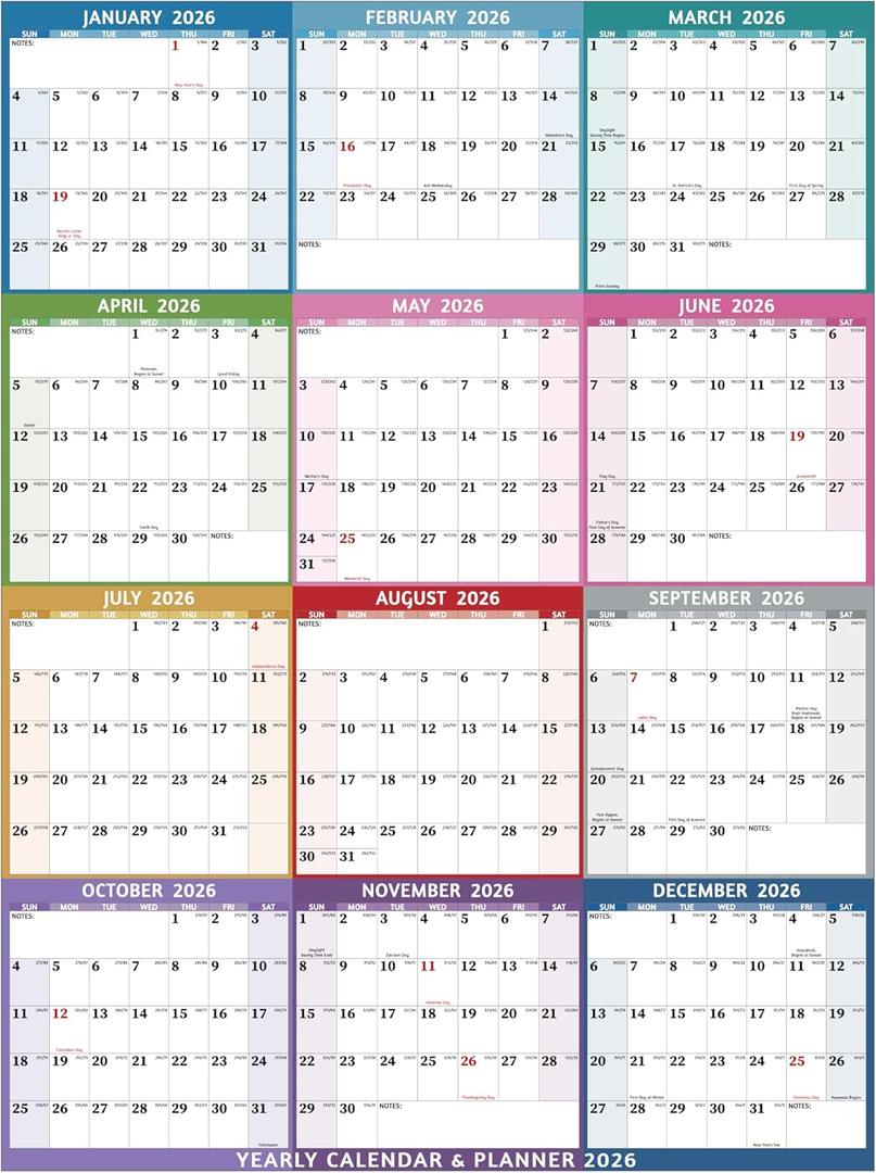 Yearly Wall Calendar 2026 - Large Yearly Calendar 2026 Vetical, Jan 2026 - Dec 2026, 33.7" x 45.1" (Open), 2026 Calendar, Large Wall Calendar 2026, Full Year Paper Calendar with Notes, Thicker Paper, Multi2