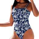 AI'MAGE Women's One Piece Swimsuit Color Block Bathing Suit Square Neck Swim Suits Vintage Retro Swimwear S-2XL (Medium, Navy Floral)