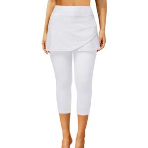 Pinup Fashion Swim Leggings with Skirt - Women Swimming Pants Capris Swimsuit High Waisted UV Swimwear Tights (Medium, White)