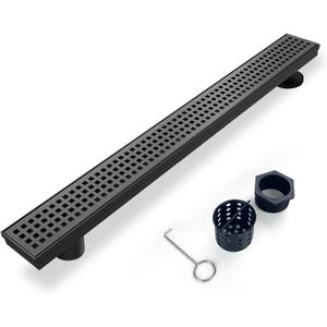 Offset Linear Shower Drain, Matte Black Shower Drain 32 inch with Removable Grate Cover, Brushed 304 Stainless Steel Side Outlet Black Shower Floor Drain with Hair Catcher and Leveling Feet