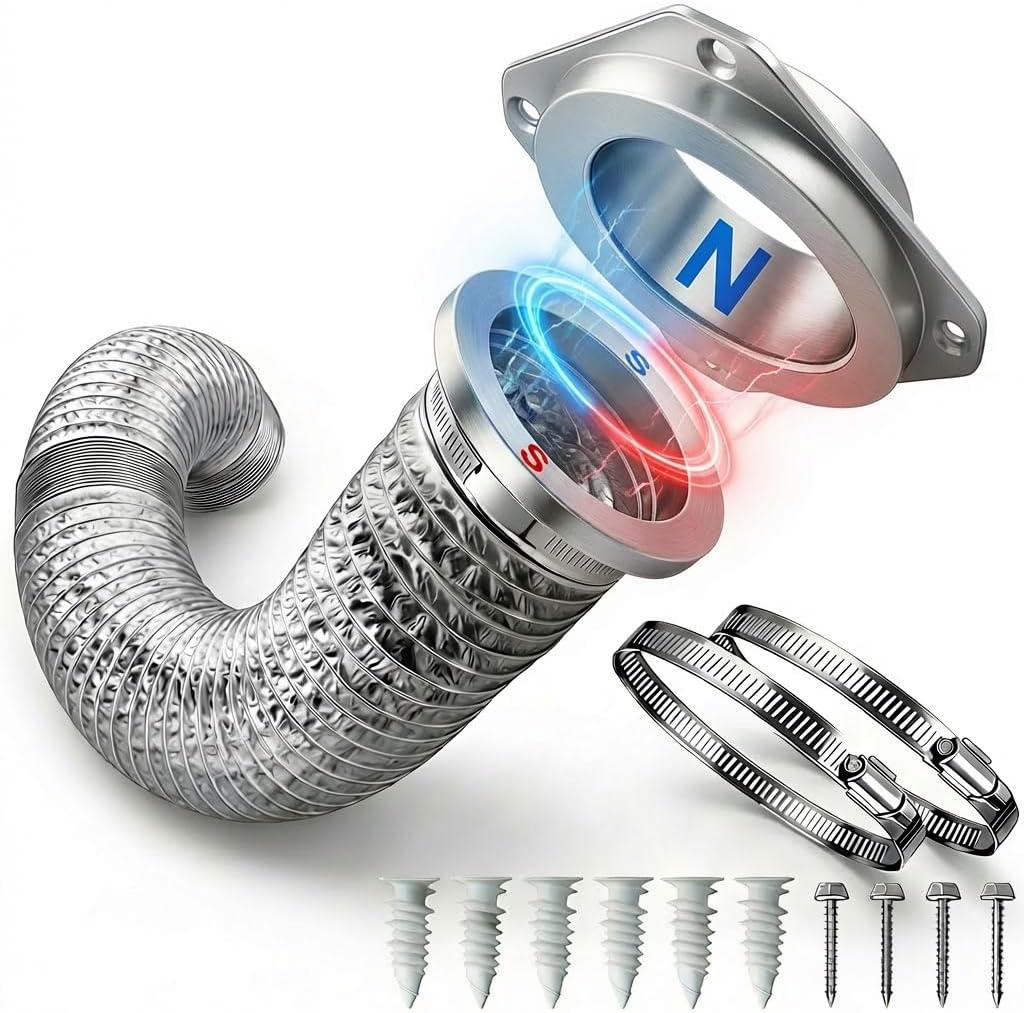 Magnetic Dryer Vent Connector Kit, Quick-Connect 4 Inch Dryer Vent for Tight Laundry Rooms, Save Up to 36 Inches of Space, Strong Magnetic Hold, Airtight Seal, Includes 3.3FT Aluminum Hose & 2 Clamps