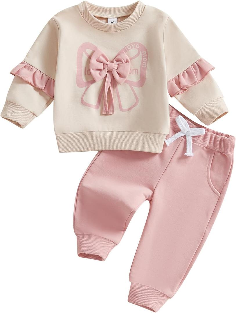 Kupretty Baby Girl Clothes Toddler Fall Winter Outfit Ruffles Crewneck Bow Pullover Sweatshirt + Joggers Pants Set (18-24 Months, Pink)