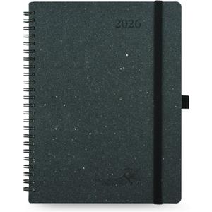 POPRUN 2026 Planner - 2026 Recycled Weekly Planner [Italian Regenerated Leather - Medium Size 6.5'' x 8.5''] - 2026 Weekly Planner with Hourly Schedule, Monthly Tabs-26-WERO7-BGY - Black Grey