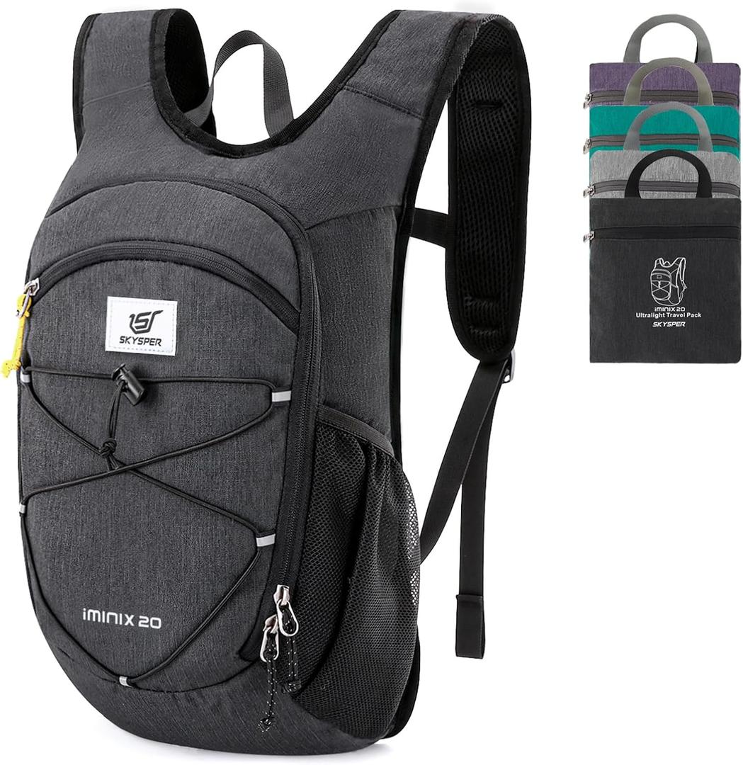 SKYSPER 15L/20L Foldable Hiking Backpack Lightweight Packable Travel Daypack with Chest Strap Small Folding Pack for Walking (Black)