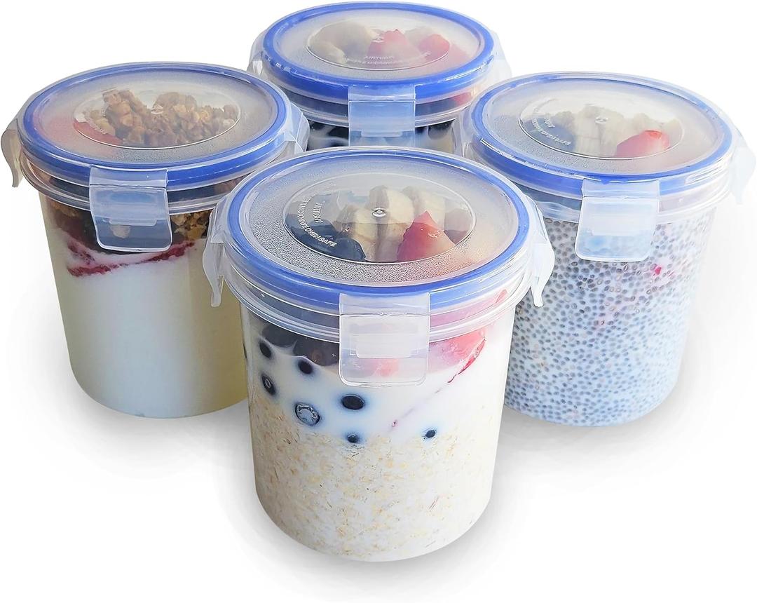 Overnight Oats Container with Lids (4-Piece set) - 16 oz Plastic Containers with Lids - Oatmeal Container to go | Portable Cereal and Milk Container on the go | Airtight Snap Lock Storage Jars