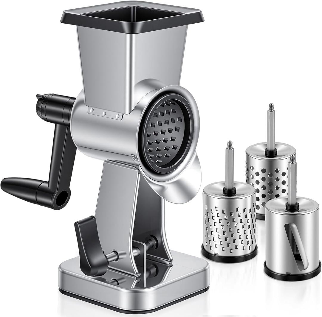 LHS Rotary Cheese Grater Stainless Steel Manual Cheese Shredder Grater Walnuts Grinder with 3 Interchangeable Drum Blades for Chocolate, Cheese and Nuts