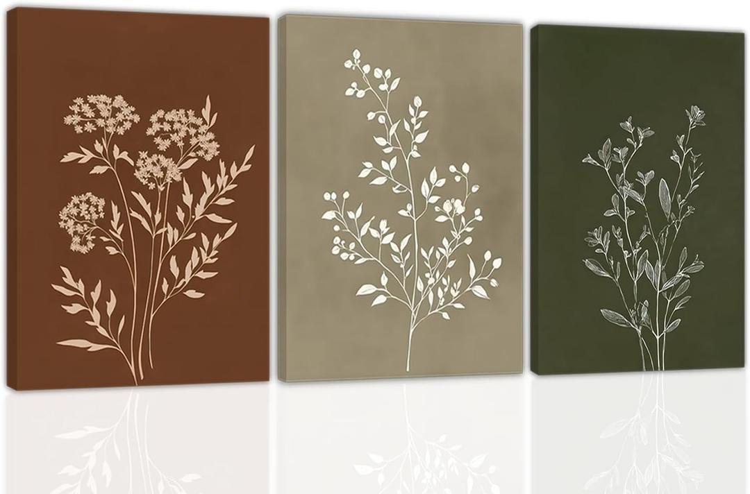 3pcs Boho Botanical Canvas Wall Art Decor Minimalist Vintage Flower Plants Line Artwork Pictures Modern Farmhouse Neutral Floral Posters Painting Prints for living room bedroom bathroom 16x24Inch (Canvas)