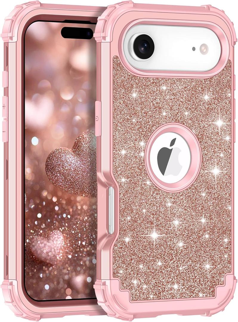 LONTECT for iPhone Air Case Glitter Sparkly Bling 3 in 1 Shockproof Heavy Duty Hybrid Sturdy High Impact Protective Cover Case for Apple iPhone 17 Air 6.5 inch 2025,Rose Gold