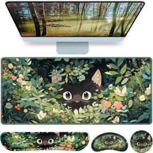 Mouse Pad Anime, Mouse Pad with Wrist Rest, 4-in-1 XXL Large Desk Mat Kawaii Mousepad with Gel Wrist Support Keyboard Wrists Rest Coaster, Ergonomic Gaming Cat Desk Pad, Funny Cute Office Accessories