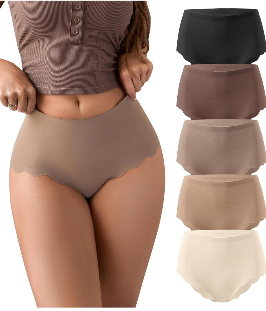 SHARICCA Seamless High Waisted Underwear for Women Cheeky Underwear Wave Edge No Show Bikini Panties Ribbed Panties Pack
