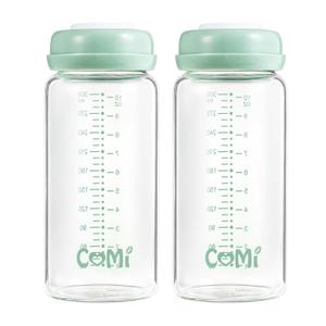 COMI Wide Neck Glass Breastmilk Collection n Storage Bottle, 2 Packs,10oz with Screw Ring Sealing Disk,Re-markable Sealing Disc,BPA Free,Fits Breast Pumps&Nipples(2 Green Lids)