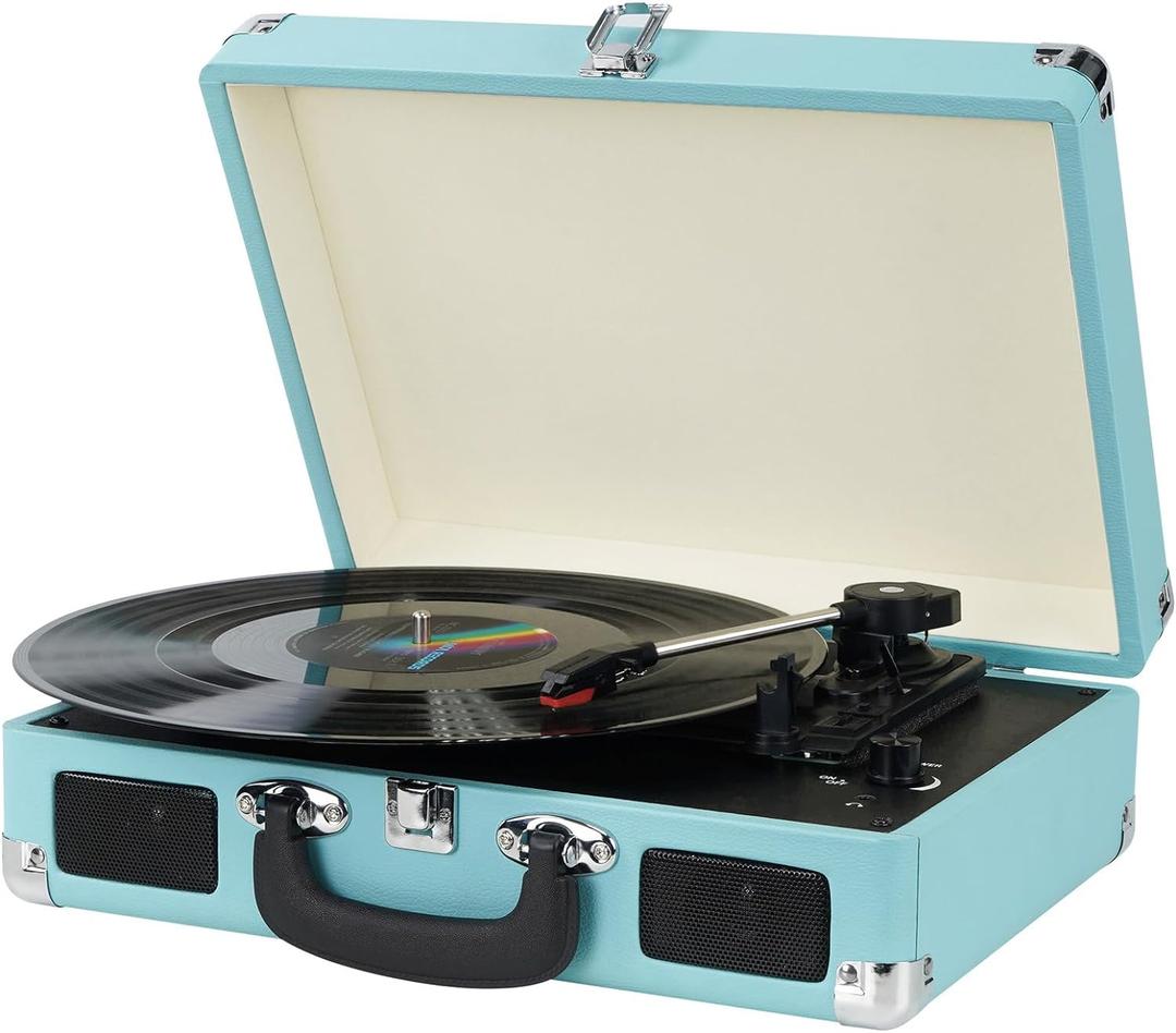 Vinyl Record Player, 3 Speeds Suitcase Portable Record Player with Built-in Speakers, Vintage Belt Driven Turntable with RCA Output/Headphone/Aux in Jack/45 Adapter Blue