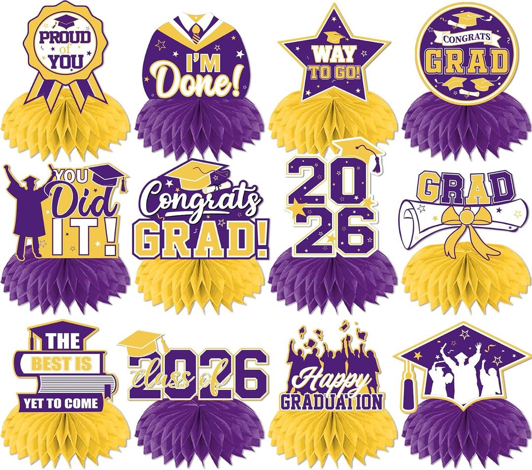 12Pcs Purple and Yellow Graduation Decorations Honeycomb Centerpieces, Class of 2026 Graduations Centerpieces for Tables Purple and Yellow Congrats Grad Graduation Table Decoration Grad Centerpiece