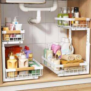 PXRACK Under Sink Organizer, Adjustable Height, 2 Tier Pull Out Under Cabinet Organizer, Slide Out Thickened Metal Under Sink Storage for Kitchen Bathroom Laundry Pantry Cabinet, White, Large-2-Pack
