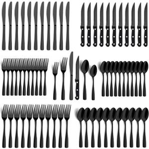 BEWOS 72-Pieces Black Silverware Set for 12 - Stainless Steel Flatware Set with Mirror Polish, Black Silverware Set Including Steak Knives, Forks and Spoons, Dishwasher Safe for Restaurant