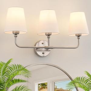 Bathroom Light Fixtures, 3-Light Brushed Nickel Vanity Lights, 24.5" Bathroom Lighting Fixtures Over Mirror with White Flared Fabric Shade, Modern Wall Sconces for Bathroom Bedroom Living Room Hallway