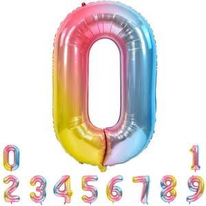 DecorWoo 40 inch Rainbow Number 0 Balloon, Colorful Gradient Number 0 Birthday Balloons, Large Number Foil Balloons for Party Supplies Wedding Anniversary Events Decorations, Pack Of 4 