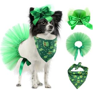 Pet Dog Saint Patrick's Day Costume - Green Dog Top Hat Dog Saint Patrick's Day Shamrock Bandana with Clover Pattern and Pet Tutu Skirt for Girl Dogs Cats Puppy Kitten 3Pcs