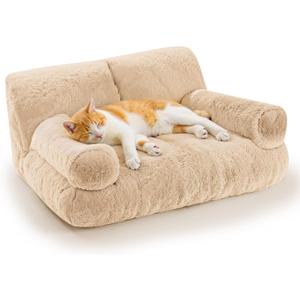 Gimars Upgrade Large Cat Bed for Indoor Cats -Added 10% More Stuff Sponge, Orthopedic Pet Couch Beds with Bolstered Edges, Fluffy Washable & Removable Cover, Anti Slip Base,Teak Milk Color