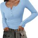 PRETTYGARDEN Women's 2025 Summer Long Sleeve Henley T Shirts Ribbed Knit Button Slim Fitted Basic Casual Going Out Fall Tops (Blue, XS)