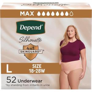 Depend Silhouette Adult Incontinence & Postpartum Bladder Leak Underwear for Women, Maximum Absorbency, Large, Pink, 52 Count (2 Packs of 26), Packaging May Vary