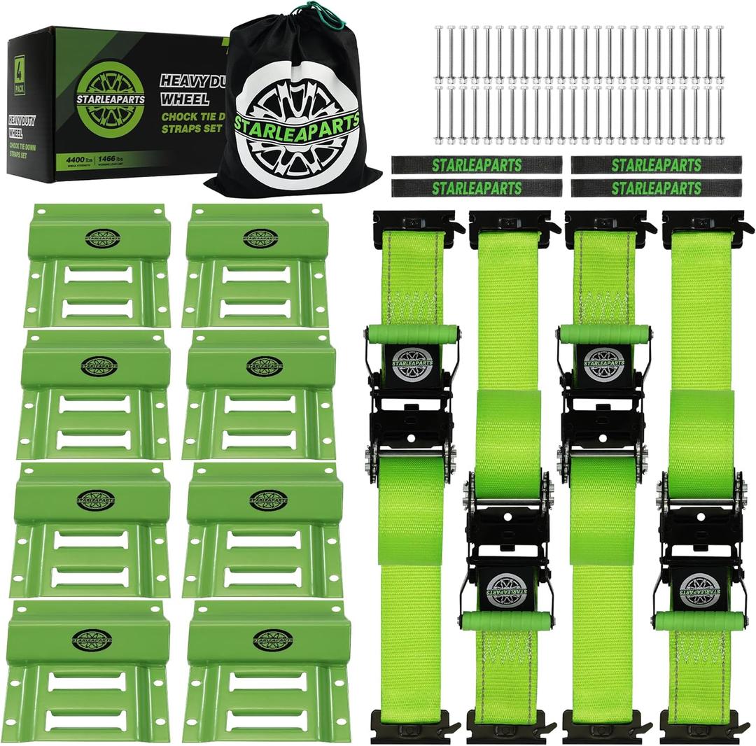 Heavy Duty Wheel Chock Tie Down Straps Set (4PK) - 4,400lb Guaranteed Max Break Strength, (2) 2" x 8' Trailer Tire Straps with (8) Wheel Chocks for ATV, UTV or Tractors