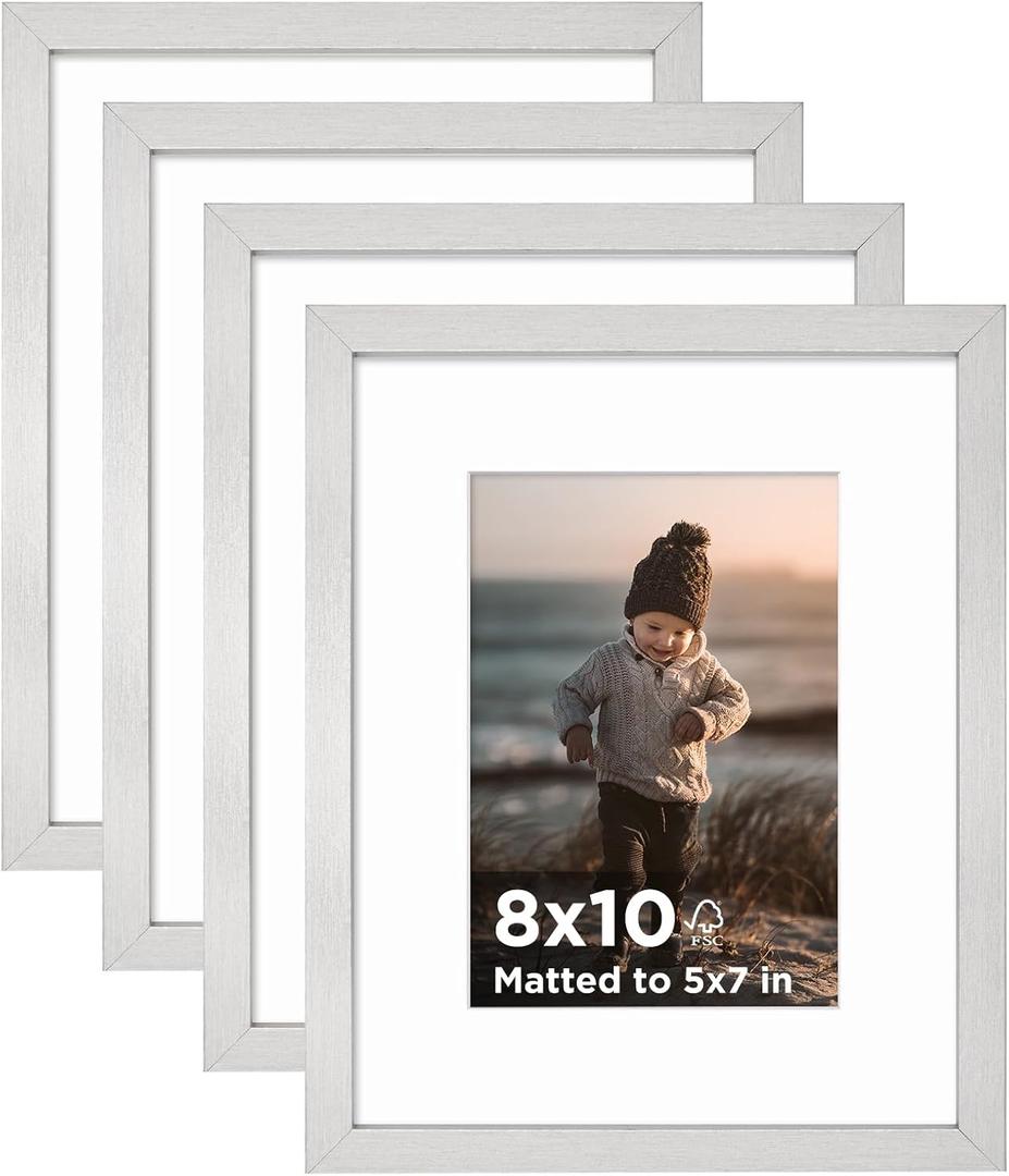 KINLINK 8x10 Picture Frame Silver Set of 4, Wooden Photo Frames Matted 5x7 with Plexiglass for 5x7 with Mat or 8x10 without Mat for Table and Wall Display