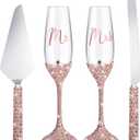 Sratte 4 Pcs Wedding Cake Knife and Champagne Flutes Server Set, Toasting Crystal Rhinestone Champagne Flutes Glasses Cake Knife Pie Server Wedding Gifts for Couple Bride Groom (Rose Gold)