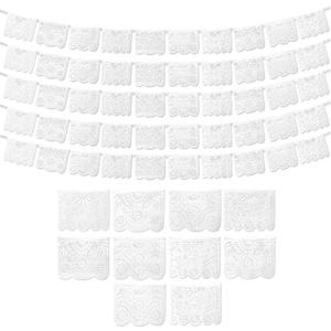 White Papel Picado Banner (5 Pack - 10 Plastic Flags per Banner) - White Mexican Banners for Parties and Weddings - Mexican Themed Party Decorations - Papel Picado Mexicano para Decoraciones