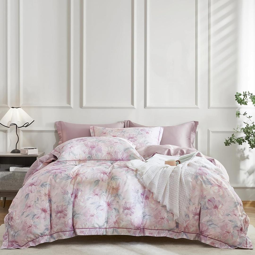 OAITE Duvet Cover Set King Size Floral Pattern 600 Thread Count Ultra Soft 100% Long Staple Cotton Duvet Cover Sets 3-PC, Breathable Duvet Cover with Zipper Closure & Corner Ties (King-104" x 90", Aster)