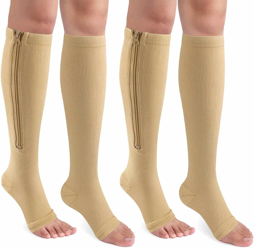 CASMON 2 Pairs Zipper Compression Socks for Women & Men, 15-20 mmHg Open Toe Knee High Support Socks for Varicose Vein Edema, XXL