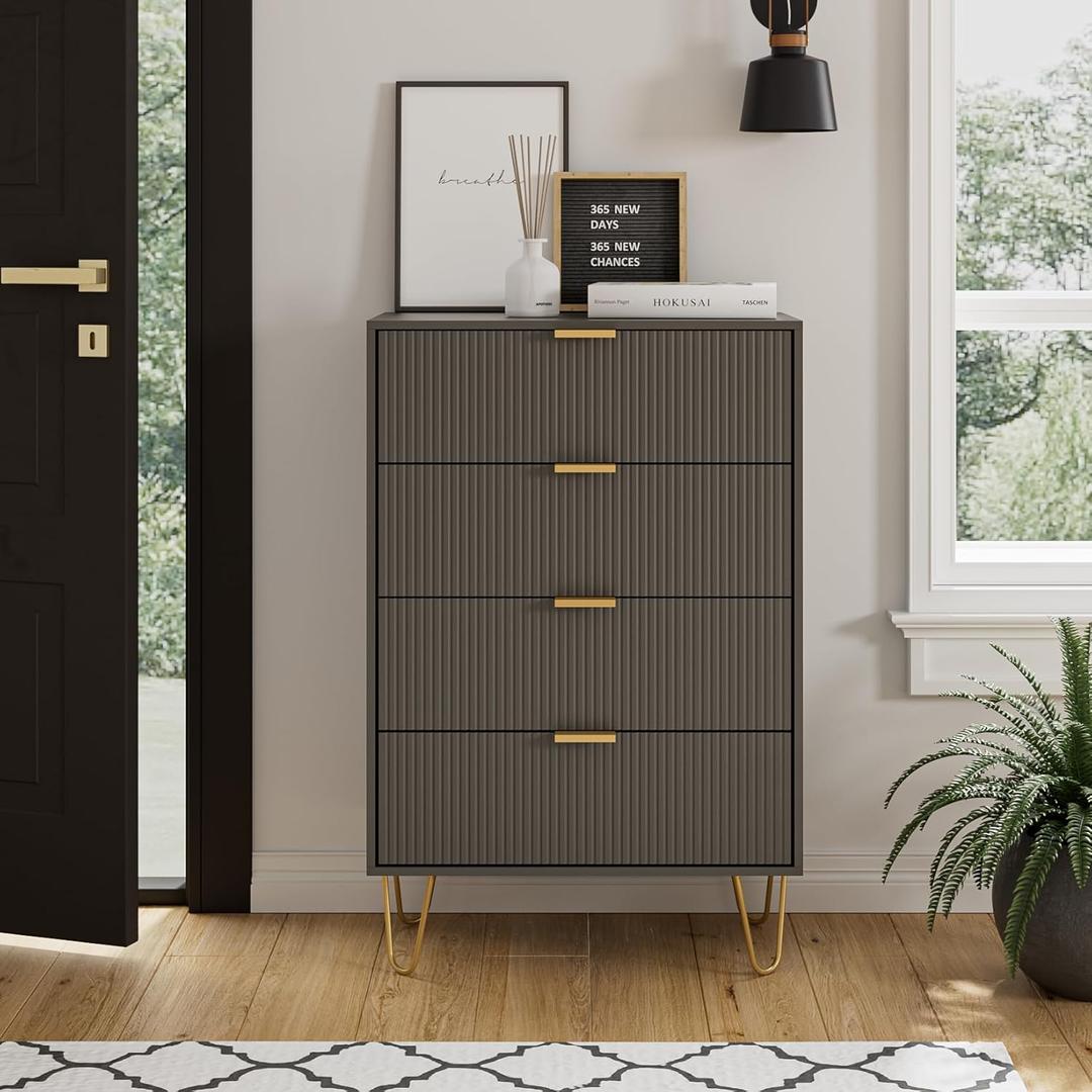 Masupu 4 Drawer Dresser, Drawer Chest, Tall Storage Dresser Chest Cabinet Organizer Unit with Gold Metal Legs, Nightstand for Bedroom, Living Room, Closet, Hallway Gray Stripe