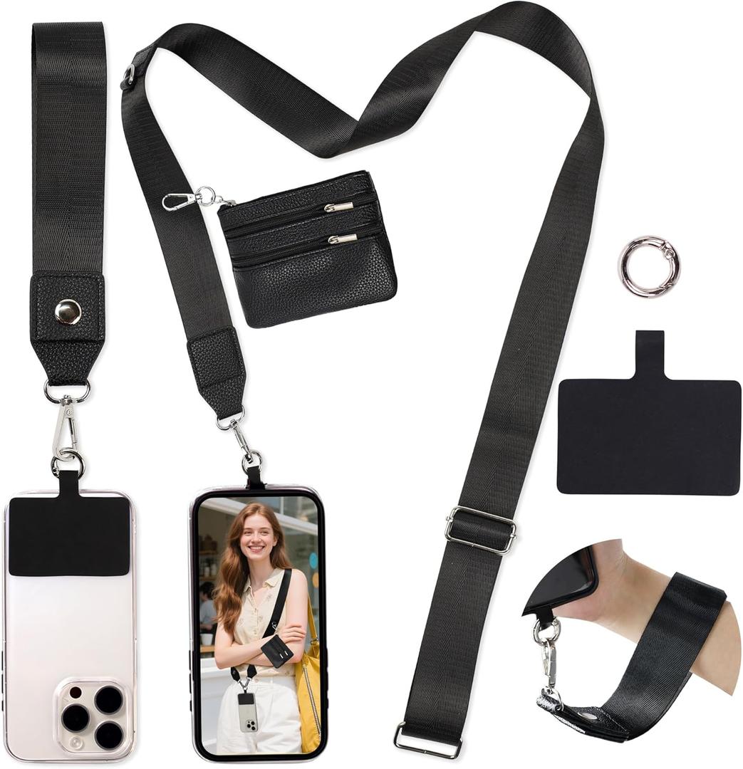 FUVLIFE Phone Lanyard Crossbody Wrist Strap, Adjustable Clip and Go Strap for Phone with Wallet Crossbody, Phone Strap with Zippered Pouch, Universal Hands-Free for All Cell Phone