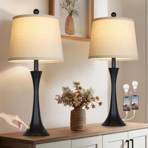 27.5" Table Lamps Set of 2, Touch Bedside Lamps with USB C+A Ports, 3 Way Dimmable Nightstand Lamps for Bedroom, Living Room, Office, Black Lamp with Beige Lampshade, Bulbs Included