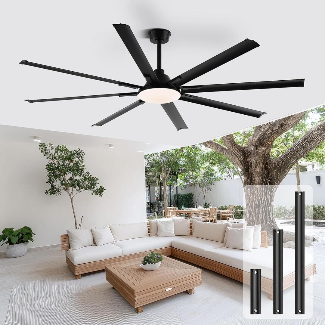 Modern Ceiling Fans with Lights, 100 Inch Ceiling Fan with Light and Remote,Living Room Library Cafe Outdoor/Industrial, 36W 3CCT 8 Aluminum Blades 6 Speed Reversible Quiet DC Motor, Black
