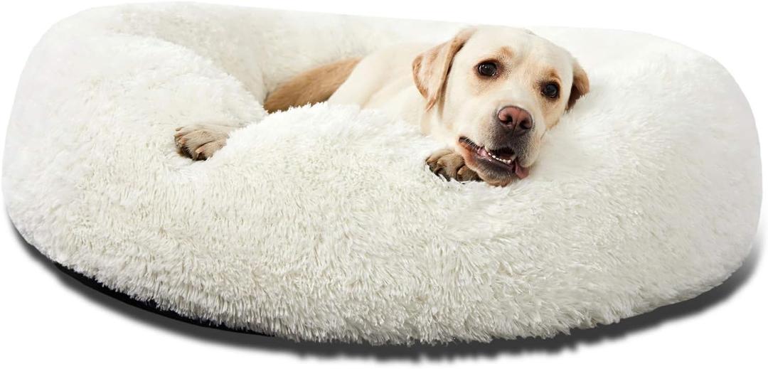 Calming Donut Cuddler Dog Bed, Round Fluffy Pet Bed for Large Dogs,Washable, Large, White, 30''