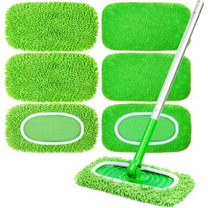 6-Pack Reusable Microfiber Mop Pads Compatible with Swiffer Sweeper, Dry & Wet Sweeping Cloths - Washable Wet Pads Refill for Multi-Surface/Hardwood Floor Cleaning (Green)
