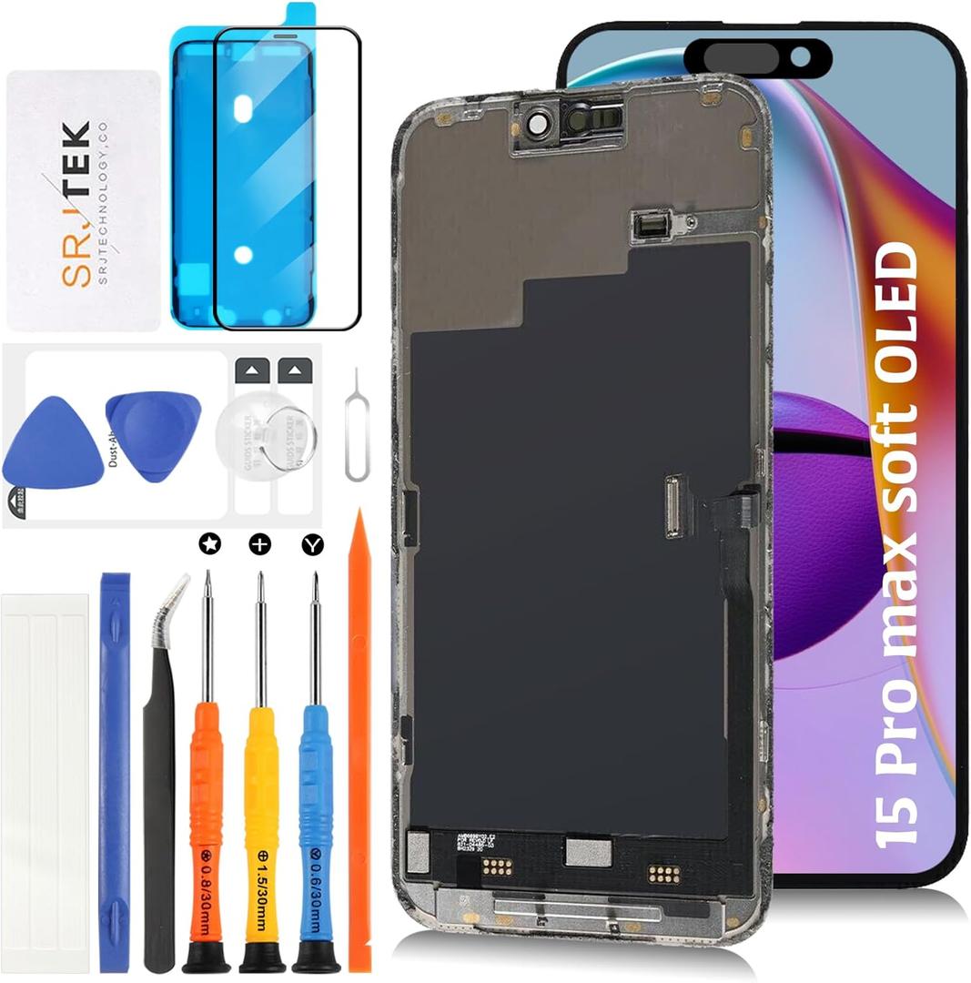 Soft OLED 15 Pro Max LCD Screen [120Hz Promotion+Sensor Cable] Replacement for iPhone 15 Pro Max 6.7 inch LCD Display Touch Digitizer Assembly A3106 A2849 A3105 A3108 with Repair Tools