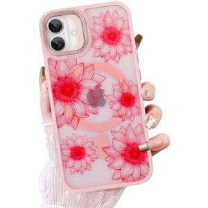 OOK Pink Case Design for iPhone 16 Case [Compatible with MagSafe], Cute Sunflower Floral Blooms Design Frosted Shockproof for Women Girls Magnetic Phone Cover - Pink Flower