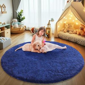 Blue Fluffy Round Area Rugs for Bedroom,4'X4'Shag Circle Area Rugs for Living Room,Non Slip Fuzzy Plush Rug for Kids Room Boys Girls Room and Dorm Home Decor Rug