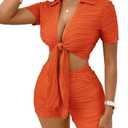 Floerns Women's 2 Piece Outfit Tie Front Short Sleeve Crop Top with Shorts Set Orange Medium