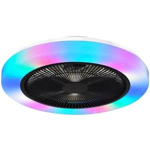 Low Profile Ceiling Fan with Light, 19.6in RGB-LED Dimmable Enclosed Ceiling Fans with APP Control, 6 Speeds Bladeless Flush Mount Enclosed Ceiling Fan for Bedroom Kids Room Party(Black)