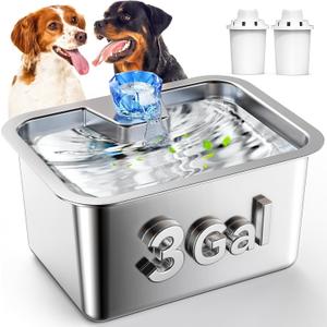 Dog Water Fountain for Large Dogs, tainless Steel 3Gallon Extra Big Pet Fountains, Dog Water Bowl Filter Automatic Dog Bowl Dispenser,Drinking Bowls for Multi Pets, Easy to Clean, Quiet Pump