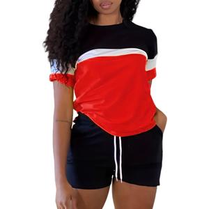 LovelyWholesale Neon Two Piece Outfit for Casual 2 Piece Tracksuit with Neon Shirt and Black Shorts Set (Large, Red)