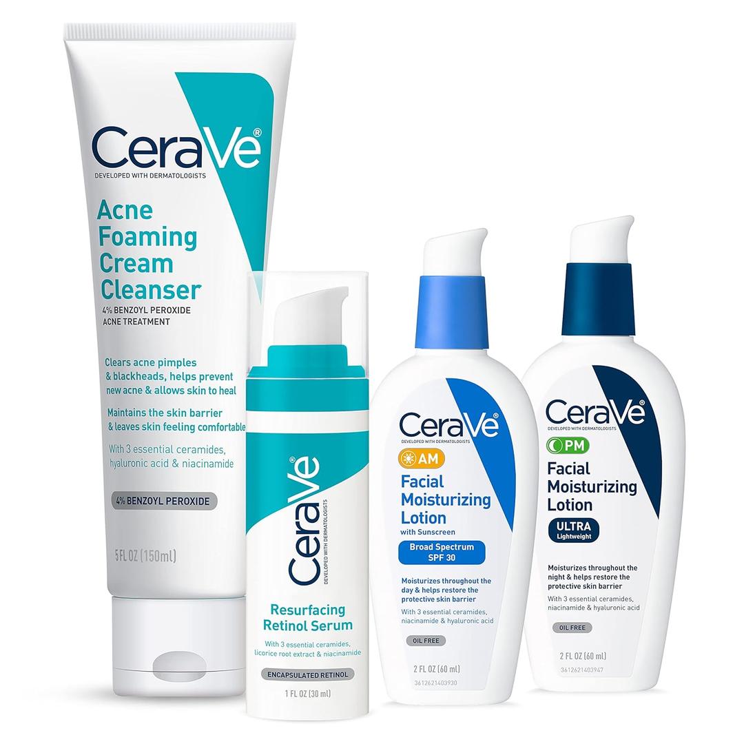 CeraVe Acne Skin Care Set, 5oz Acne Foaming Cream Cleanser + 1oz Resurfacing Retinol Serum + 2oz AM Facial Moisturizing Lotion with SPF 30 + 2oz PM Facial Moisturizing Lotion CeraVe Acne Skin Care Set, 5oz Acne Foaming Cream Cleanser + 1oz Resurfacing Retinol Serum + 2oz AM Facial Moisturizing Lotion with SPF 30 + 2oz PM Facial Moisturizing Lotion
