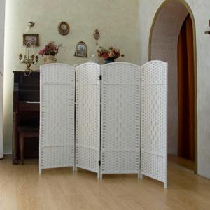 Compact 4 Panel Short Room Divider, 47.2 Inch Tall Double-Sided Rattan Folding Privacy Screen for Home & Office,White