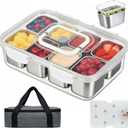 Snackle Box Container with Ice Pack, 304 Stainless Steel Divided Serving Tray, Snacklebox with Insulated Bag, 8 Compartment Platter Box with Lid and Handle for Beach, Road Trip, Boat Days, Pool Party (Silver White)