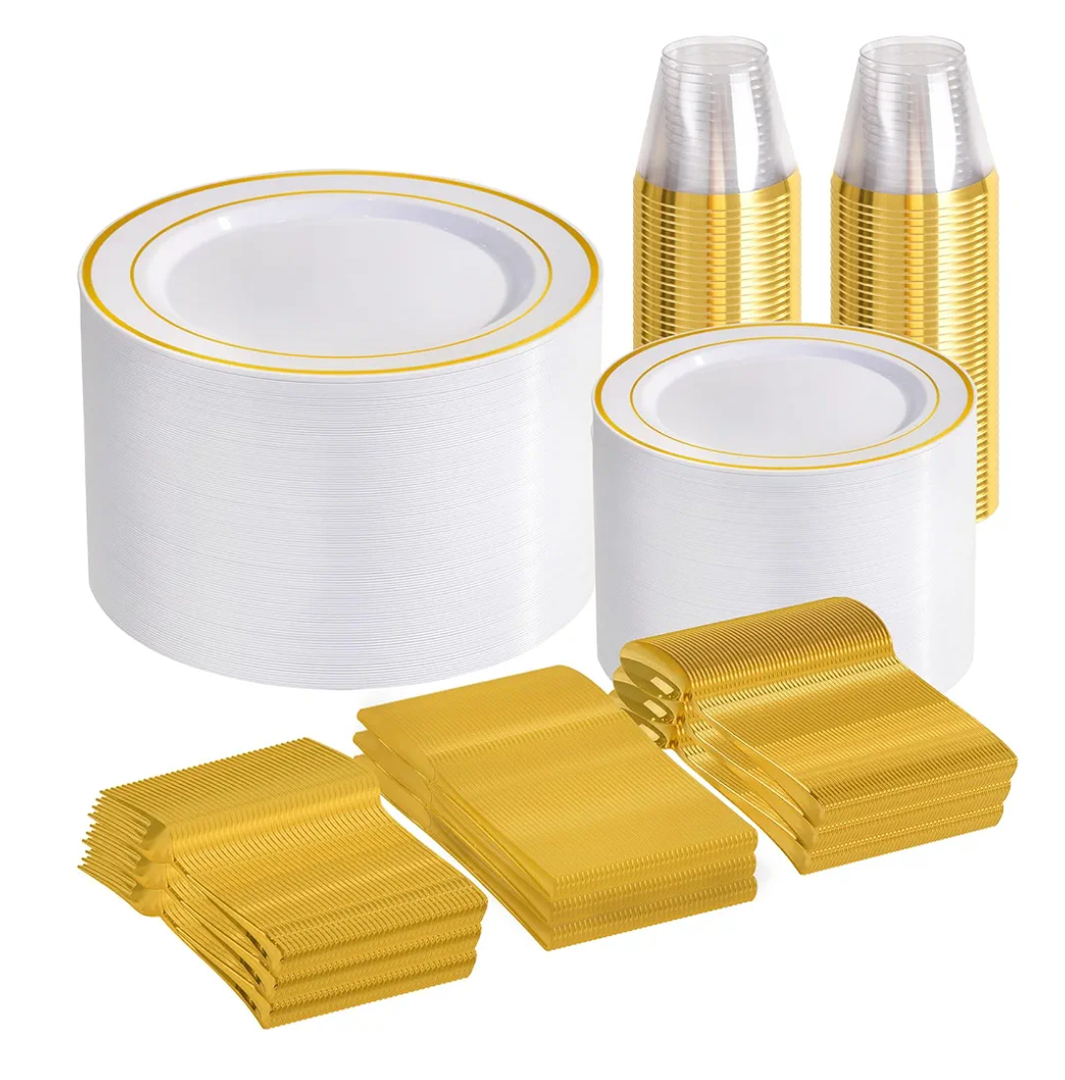 Gold Disposable Dinnerware Set for 100 Guests - 600PC BPA-Free Plastic Plates & Cutlery Kit with 100 Dinner Plates, Salad Plates, Forks, Knives, Spoons & Cups for Wedding, Party, Catering (Heavy-Duty)
